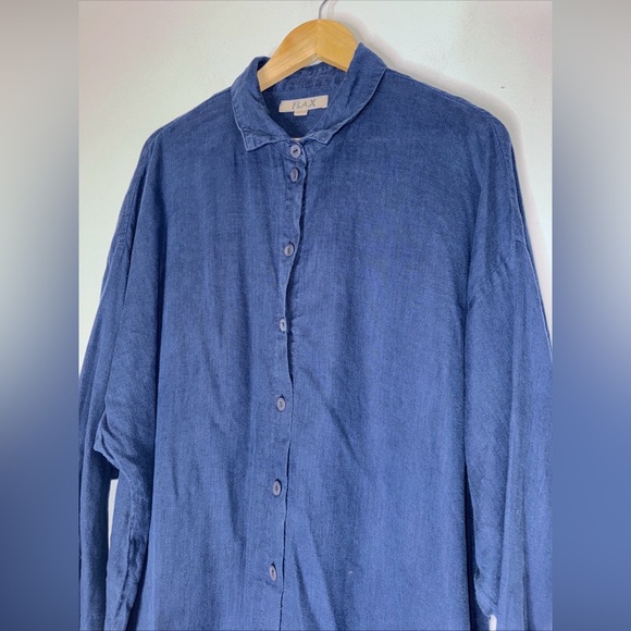 Flax Button Down, Long Sleeves Navy Linen Shirt Dress Large - Picture 3 of 5